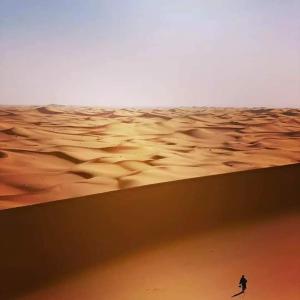 Ein Mann, der mit Aukong in der Wüste wandelt in der Unterkunft Dar Sahara Ouarzazate in Ouarzazate