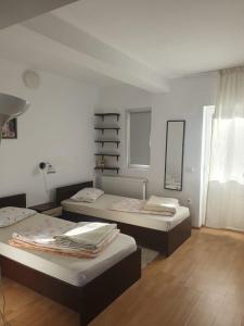 1 dormitorio con 2 camas y espejo en la pared en Casa Ana en Cluj-Napoca