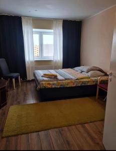 a bedroom with a bed with a window and a rug at K84, Nice 2- bedroom apartment - 2 big beds 1 single bed in Tartu