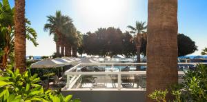 a building with chairs and umbrellas and palm trees at Blue Sea Beach Resort in Faliraki