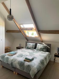 a bedroom with a large bed with a skylight at Appartement 5 in Vrouwenpolder