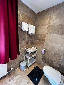 een badkamer met een toilet en een rood douchegordijn bij WM ENNSTAL in Schladming