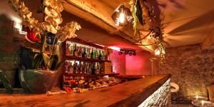 a bar with a vase of flowers on the counter at Afrodita Wellness Apartman Prague in Prague