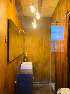 a bathroom with a sink and a glass shower at Revolucionarte.Potrerillos in Potrerillos