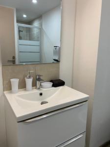 uma casa de banho com um lavatório branco e um espelho. em Appartement loft Manosque em Manosque