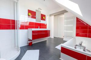 La salle de bains rouge et blanche est pourvue d'un lavabo et d'une douche. dans l'établissement Appartement des Grands Champs avec terrasse, à Saint-Aignan