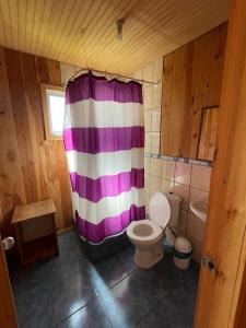 baño con aseo y cortina de ducha morada y blanca en Cabañas El Boldo, en Licán Ray
