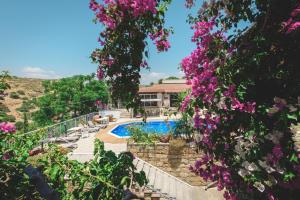 a house with a swimming pool and purple flowers at Cyprus Villages Hotel & Restaurant - Central Location - Bed & Breakfast - With Access To Pool And Stunning Views in Tochni