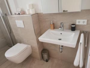 La salle de bains est pourvue d'un lavabo blanc et de toilettes. dans l'établissement Luxembourg Business Flat. Terrace & Free Parking, à Luxembourg