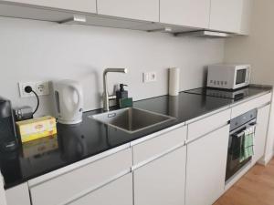 a kitchen counter with a sink and a microwave at Luxembourg Business Flat. Terrace & Free Parking in Luxembourg