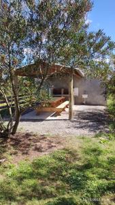 una mesa de picnic frente a un edificio con un árbol en POSADA ALUC, se reserva solo con seña en Chuy