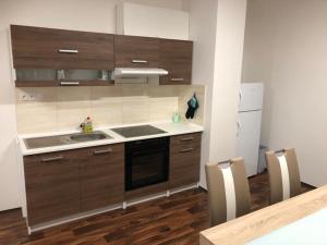 a kitchen with wooden cabinets and a sink at Šluknov / the northernmost city of the czechia in Šluknov