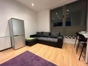 een woonkamer met een bank en een koelkast bij Cosy Entire Apartment in WhiteChapel/Commercial Rd in Londen
