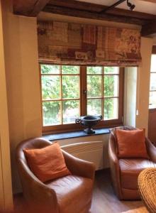 布永的住宿－La Légende - Gîte dans un quartier pittoresque，客厅配有两把椅子和窗户