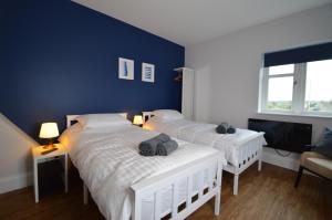 two beds in a room with blue walls at The Plough Retreat in Coddington