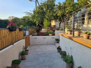een patio met een bos potplanten op een hek bij המקום של מוש in Pardes H̱anna