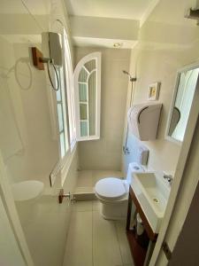 a white bathroom with a toilet and a sink at Hotel De Blasis in Santiago