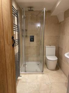 a bathroom with a shower and a toilet and a sink at Smuggler's Cottage in Deal