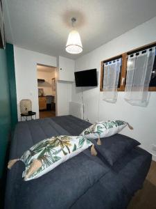 - une chambre avec un lit et 2 oreillers dans l'établissement Adorable F1, au bord du lac d’élancourt village, à Élancourt