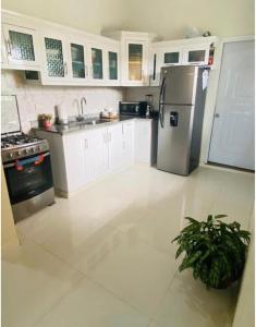a kitchen with white cabinets and a stainless steel refrigerator at Oasis de Paz 2.1 in Jarabacoa