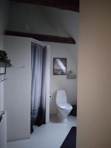 uma casa de banho branca com um WC e uma janela em HosHelle em Ribe