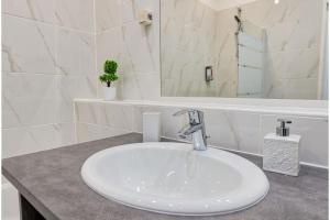 łazienka z białą umywalką i lustrem w obiekcie Aux portes de Paris , un 3 pcs bien aménagé w mieście Nogent-sur-Marne
