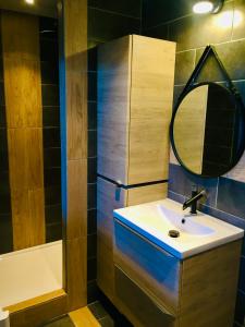 a bathroom with a sink and a mirror and a tub at Duplex industriel - Centre ville Parking privé WIFI in Angers