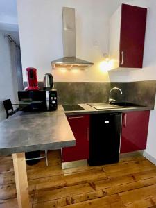 a small kitchen with red cabinets and a sink at Baionakoa Résidence in Bayonne