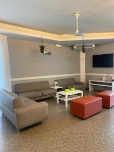 a living room with couches and a flat screen tv at Hotel Mizar in Rimini