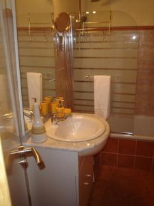 a bathroom with a sink and a shower and a mirror at Apartamentos De Turismo Rural Heredero in Burguillos del Cerro