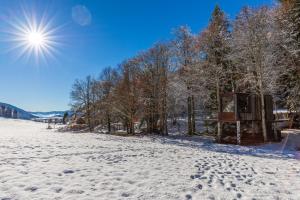 a snow covered field with the sun in the sky at Cabane perchée La Résilience sur le plateau du Vercors in Autrans