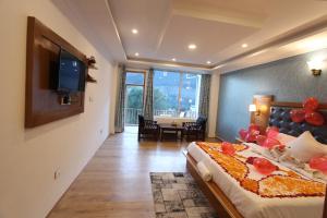 a bedroom with a bed with a flat screen tv at Hotel NSB Manali in Manāli