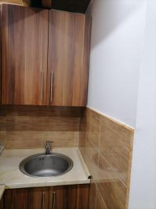 y baño con lavabo y armarios de madera. en Vila Vlajić 2015 en Gornje Pale