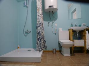 W łazience znajduje się prysznic, toaleta i umywalka. w obiekcie Mežurgu teltis w mieście Dikļi