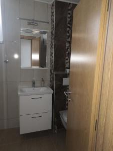 baño con lavabo, aseo y puerta en Apartman Deni en Travnik