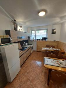 a kitchen with a refrigerator and a table in it at Hostel & Apartments u Florka 2 in Zakopane