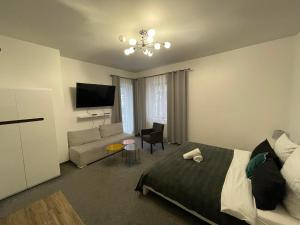 イノヴロツワフにあるStrefa Solanki - Villa Vita 6のベッドルーム1室(ベッド1台付)、リビングルームが備わります。