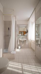 La salle de bains est pourvue d'une douche, d'un lavabo et de toilettes. dans l'établissement Hotel Schloss Romanshorn, à Romanshorn