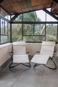 2 sillas sentadas en una habitación con ventanas en תניא, en Gilon