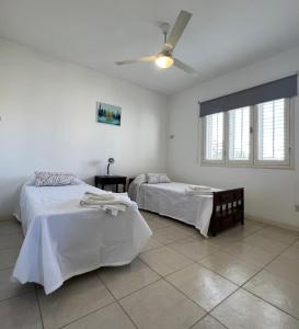 聖胡安的住宿－Duplex Céntrico TaLau，一间卧室配有两张床和吊扇