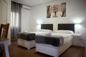 ein Schlafzimmer mit 2 Betten und einem Wandgemälde in der Unterkunft Hostal Ártico in Madrid