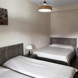 a bedroom with two beds and a lamp on a table at Apartment Bobline in Bakuriani