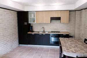 a kitchen with blue cabinets and a sink and a table at Molise da scoprire e da sciare in San Massimo