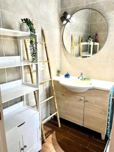 ein Bad mit einem Waschbecken und einem Spiegel in der Unterkunft Parking + piscine, tout confort, proche aéroport & mer in Saint-Laurent-du-Var