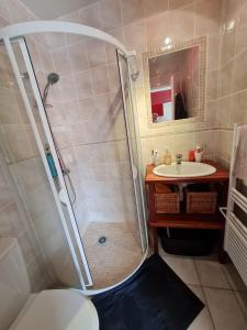 y baño con ducha y lavamanos. en Maison location Saint Brévin l'Océan, en Saint-Brevin-les-Pins
