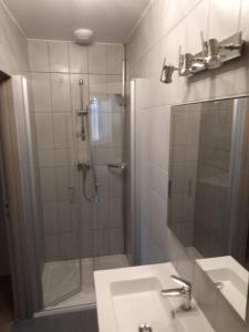La salle de bains est pourvue d'une douche et d'un lavabo. dans l'établissement Gîte de l'Oustal, à Oust