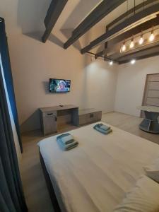 a bedroom with a bed and a tv on the wall at Апарт-сервис в Ужгороде in Uzhhorod +31 photos