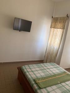 a bedroom with a bed and a flat screen tv on the wall at Luxious Cosy Apart 2 Bedroom Cotonou Centre in Cotonou