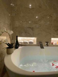 Luxury 1 al Duomo di Parma في بارما: حمام مع حوض استحمام مع نافورة