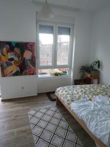 1 dormitorio con 1 cama y 2 ventanas. en Apartment Hermes, en Belgrado